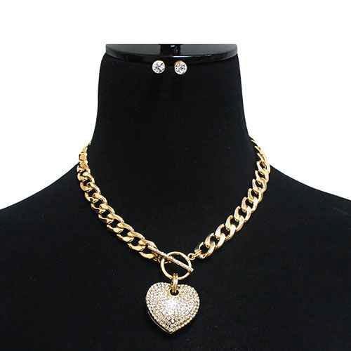 Large Gold CLEAR Rhinestone Puffy Heart Charm Toggle Necklace ( 7075 GDCLR ) - Ohmyjewelry.com