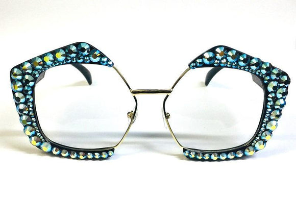 Clear Lens BLACK Frame with Blue AB Swarovski Stones Fashion Glasses UV 400 ( 1120 ) - Ohmyjewelry.com
