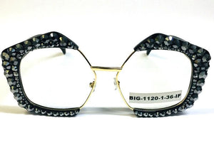 Clear Lens BLACK Frame with HEMATITE CRYSTAL Stones Fashion Glasses UV 400 ( 1120 HT ) - Ohmyjewelry.com