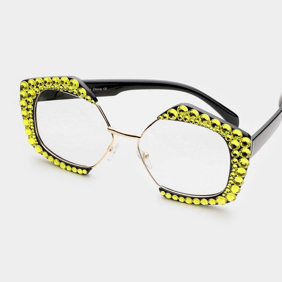 Clear Lens Black Frame with Yellow Swarovski Stones Fashion Glasses UV 400 ( 1120 ) - Ohmyjewelry.com