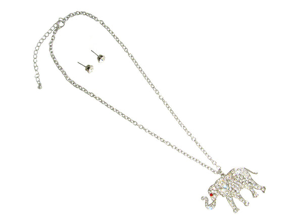SILVER ELEPHANT NECKLACE SET WITH CLEAR AND RED STONES ( 1321 )