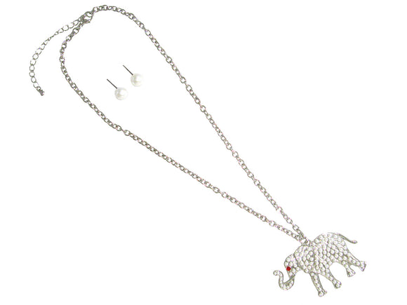 SILVER ELEPHANT NECKLACE SET WITH WHITE PEARLS ( 1321 )