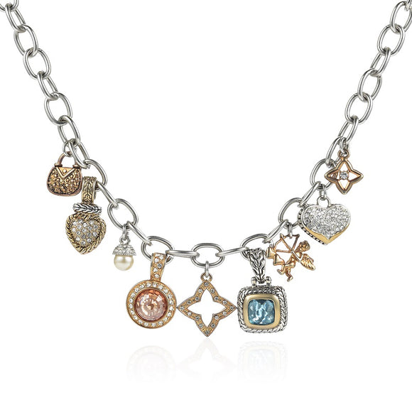 SILVER GOLD NECKLACE MULTI COLOR STONES CHARMS ( 1898 )