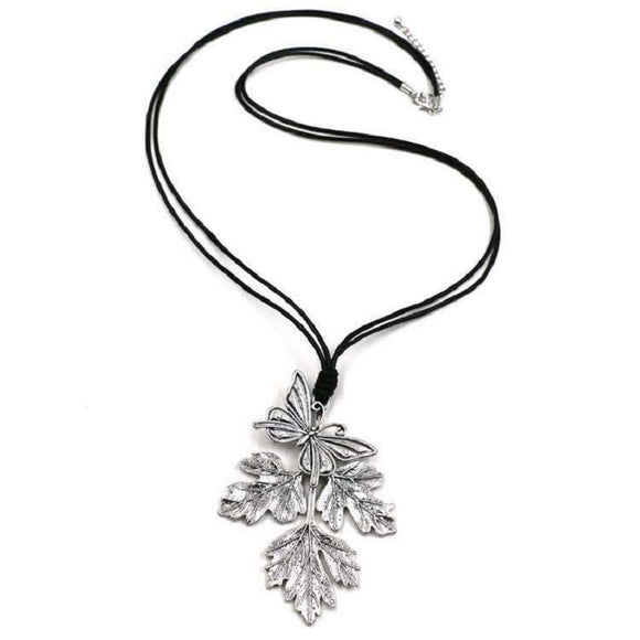BLACK CHORD NECKLACE LARGE SILVER BUTTERFLY LEAF PENDANT