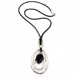 BLACK CHORD NECKLACE LARGE SILVER HAMMERED PENDANT