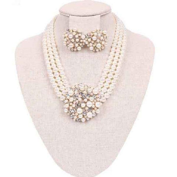 3 Line Cream Pearl Round Cluster Necklace with Matching Stud Earrings ( NAS4 ) - Ohmyjewelry.com