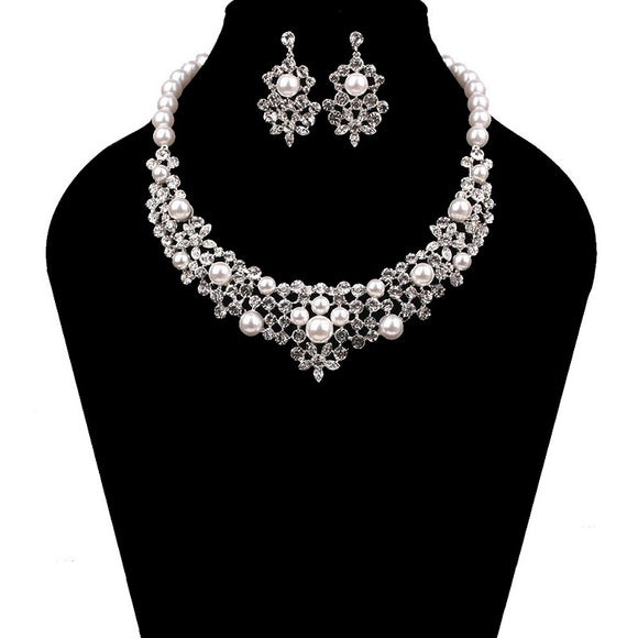 SILVER NECKLACE SET WHITE PEARLS CLEAR STONES ( 14 RWH )