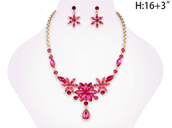 Gold Fuchsia Pink Simple Floral Design Necklace Set ( NBQ31 )