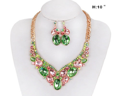 Pink and Green Oval Rhinestone Evening Formal Set