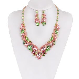 GOLD NECKLACE SET WITH GREEN AND PINK STONES ( 990 )