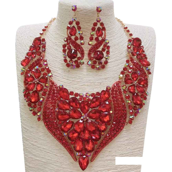 GOLD NECKLACE WITH RED STONES AND EARRINGS ( 10291 )