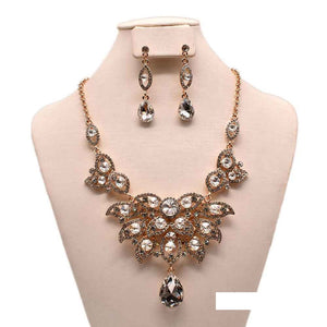 GOLD METAL NECKLACE SET CLEAR STONES ( 11651 GCL )