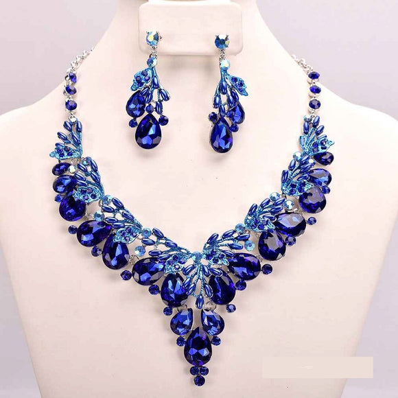 Royal Blue Teardrop Stones and Pearl Formal Necklace Set in Silver Setting ( 10249 RRY)