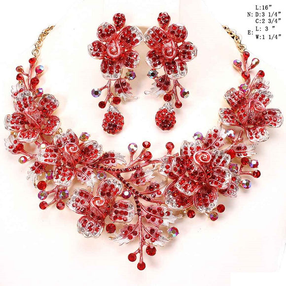 Gold Red Floral Rhinestone Evening Formal Necklace Set ( 8423 )