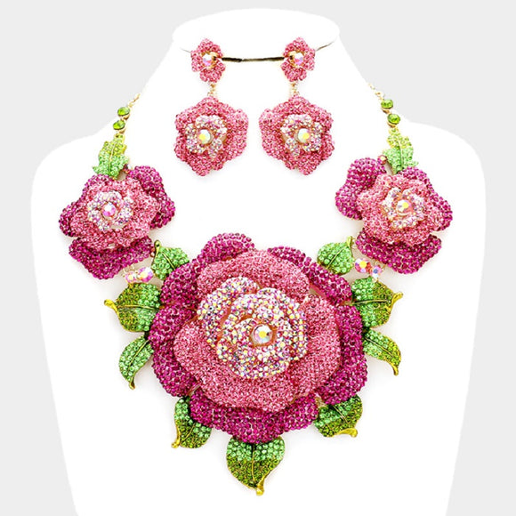 Over Size Fuchsia Pink Crystal Flower Necklace Formal Set on Gold Hardware ( 9113 GFU )