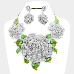 Over Size Clear Crystal Flower Necklace Formal Set on Silver Hardware ( 9113 )