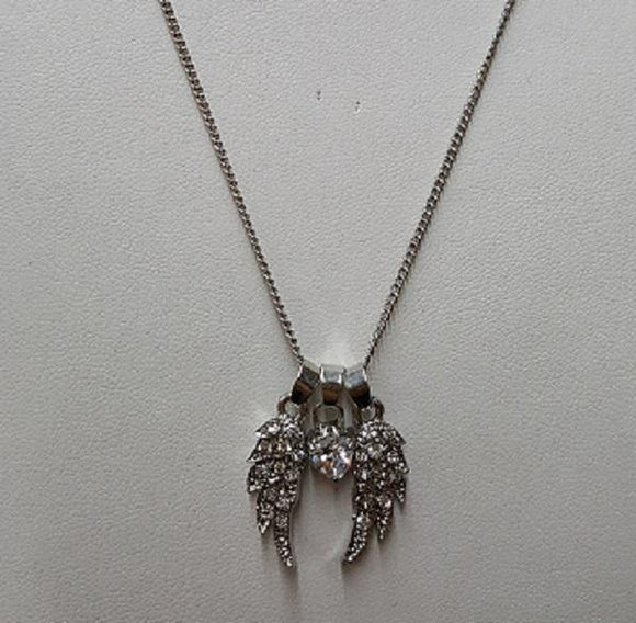 Rhinestone Wings with Heart Charms Necklace ( 727 ) - Ohmyjewelry.com