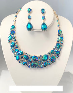 GOLD NECKLACE SET BLUE AB STONES ( 00858 2BLAB )