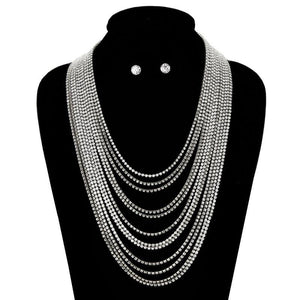 SILVER NECKLACE SET LAYERED CLEAR STONES ( 1949 SCL ) - Ohmyjewelry.com