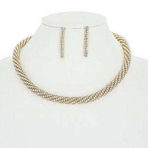 GOLD CLEAR RHINESTONE TWISTED NECKLACE SET ( 10563 G ) - Ohmyjewelry.com