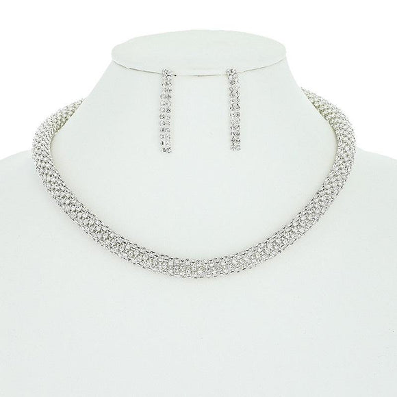 SILVER CLEAR RHINESTONE TWISTED NECKLACE SET ( 10563 S ) - Ohmyjewelry.com