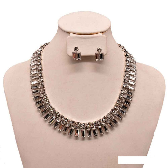 SILVER NECKLACE SET CLEAR STONES ( 11798 R )