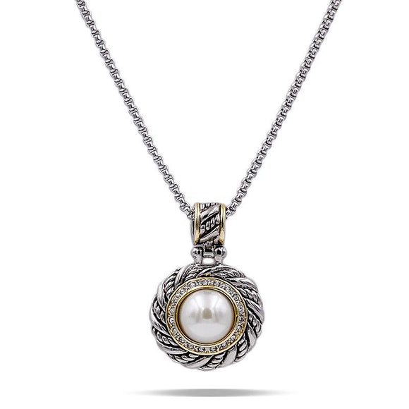 SILVER GOLD NECKLACE CLEAR CUBIC ZIRCONIA CREAM PEARL ( 4006 2T ) - Ohmyjewelry.com