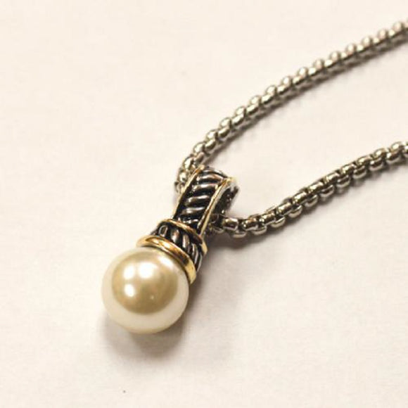 Rhodium Plated Necklace with 2 Tone Pendant with Cream Pearl ( 3010 )