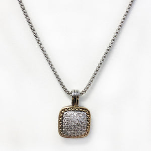 Rhodium Plated Necklace with 2 Tone CZ Cubic Zirconia Square Pendant ( 4108 )