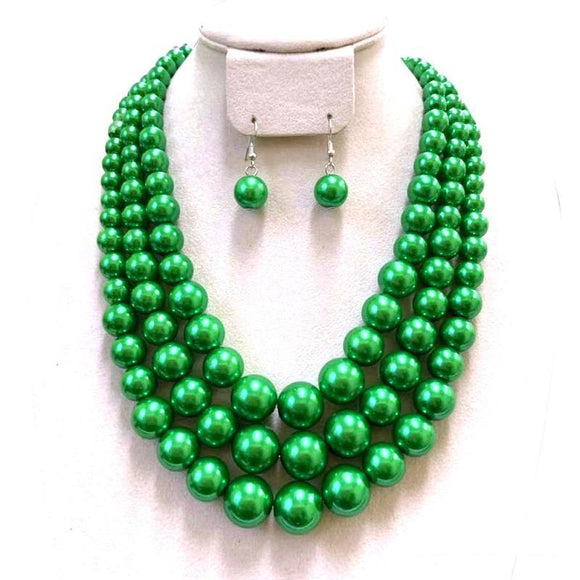 3 Layer Green Beaded Necklace with Earrings ( 036 ) - Ohmyjewelry.com