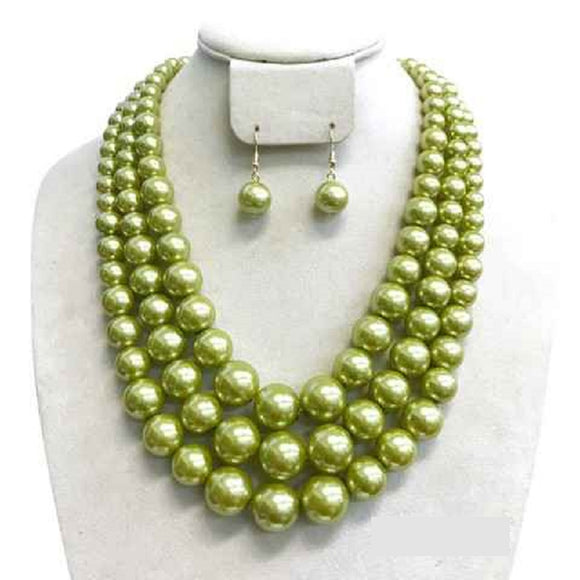 3 Layer Light Olive Green Pearl Necklace with Earrings ( 036 )