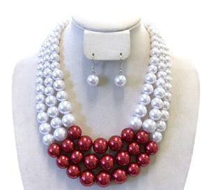 3 Layer Red and White Pearl Necklace with Earrings ( 036 )