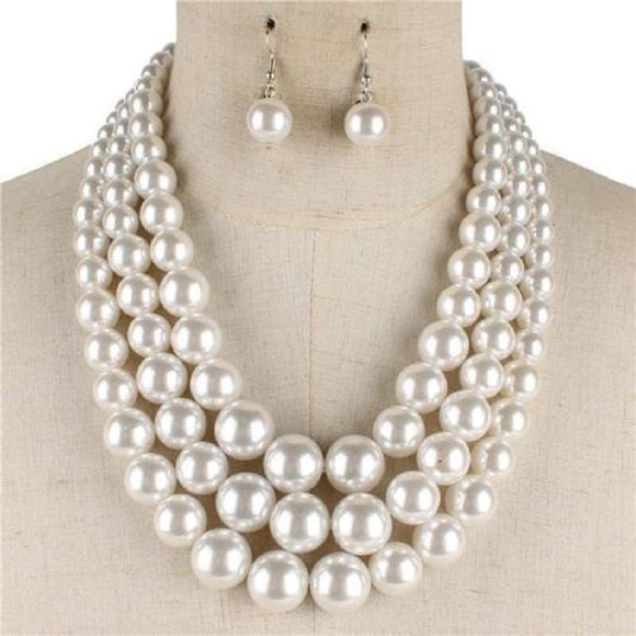 3 Layer White Pearl Necklace with Earrings ( 036 WH )