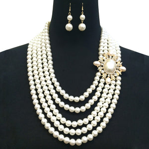 5 Layered CREAM Pearl Necklace with Oval Rhinestone Pendant and Earrings ( 045 CR )