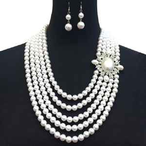 5 Layered White Pearl Necklace with Oval Rhinestone Pendant and Earrings ( 045 WH )