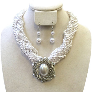 SILVER WHITE PEARL NECKLACE SET ( 046 WH )