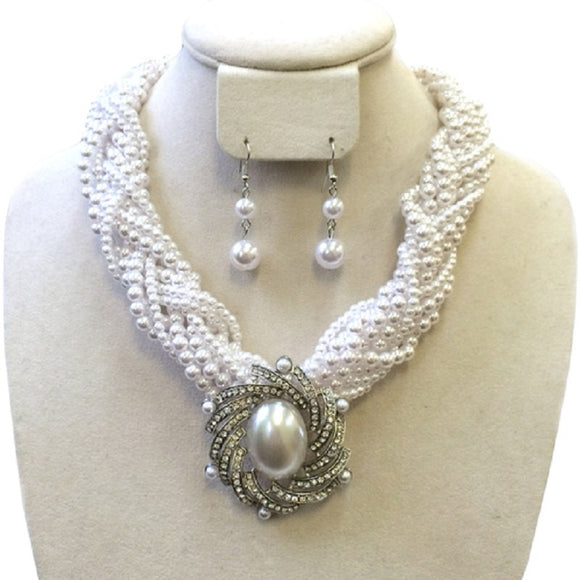 SILVER WHITE PEARL NECKLACE SET ( 046 WH )
