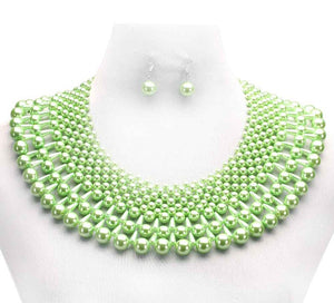 Lime Green Pearl Beaded Collar Necklace with Earrings ( 047 )
