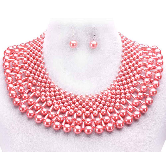 Peach Pearl Beaded Collar Necklace with Earrings ( 047 )