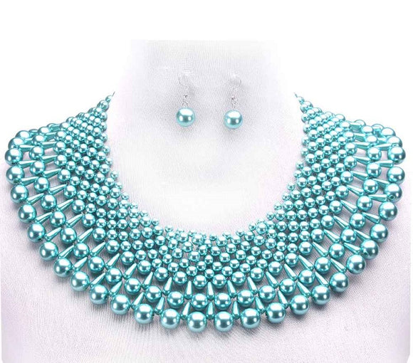 Teal Blue Pearl Beaded Collar Necklace with Earrings ( 047 )