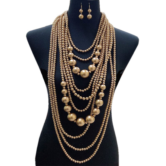 Small and Chunky Matte Gold Pearl Layered Necklace Set ( 086 GD )