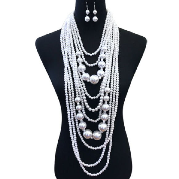 Small and Chunky White Pearl Layered Necklace Set ( 086 WH )