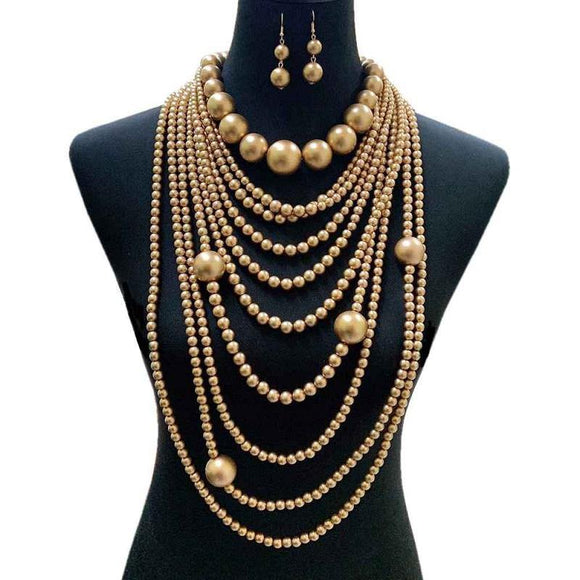 Bronzy Gold Multi Layer Chunky Long Pearl Beaded Necklace with Earrings ( 087 ) - Ohmyjewelry.com