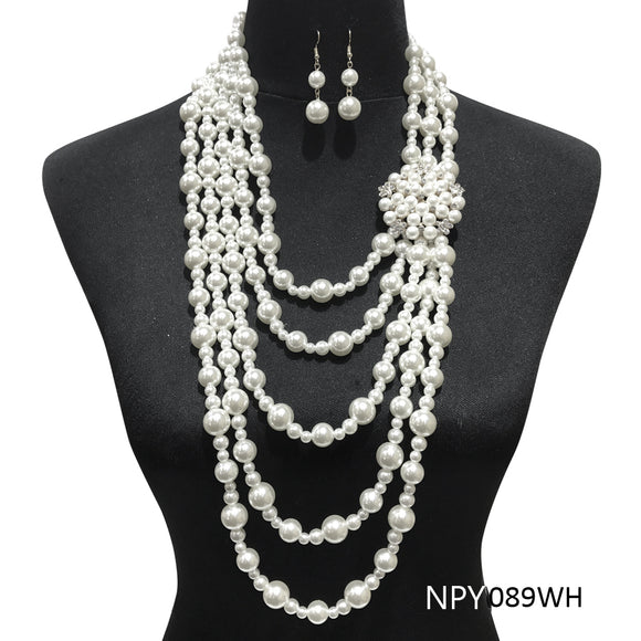 Multi Layered WHITE Pearl Necklace with SILVER Accent and WHITE Pendant and Dangle Earrings ( 089 )