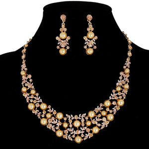 GOLD FLORAL NECKLACE SET GOLD STONES PEARLS ( 10255 GGD )
