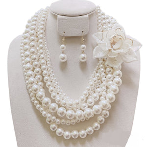 Multi Layered Cream Pearl Necklace with Cream Flower ( 123 )