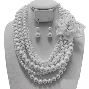 Multi Layered White Pearl Necklace with Flower ( 123 RWH ) - Ohmyjewelry.com