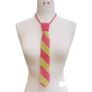 PINK AND GREEN Pearl Tie Necklace with Matching Stud Earrings ( 132 )