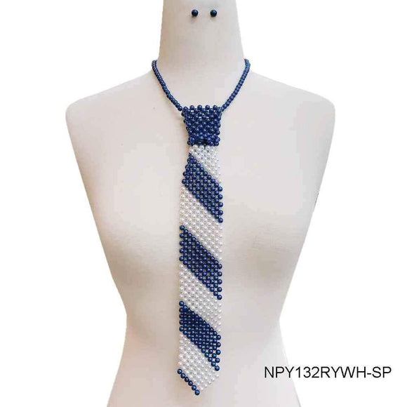 BLUE AND WHITE Pearl Tie Necklace with Matching Stud Earrings ( 132 RYWH ) - Ohmyjewelry.com