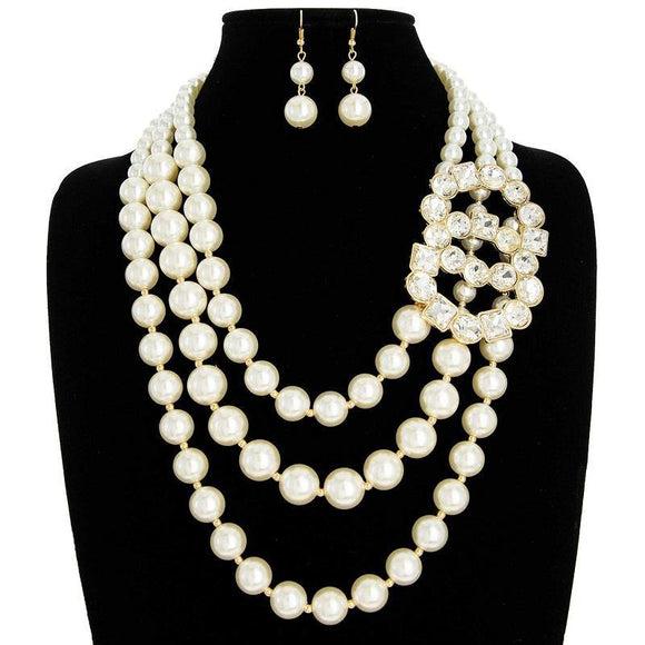 3 LAYER CREAM PEARL NECKLACE WITH OO CLEAR RHINESTONE PENDANT ( 137 GCR ) - Ohmyjewelry.com
